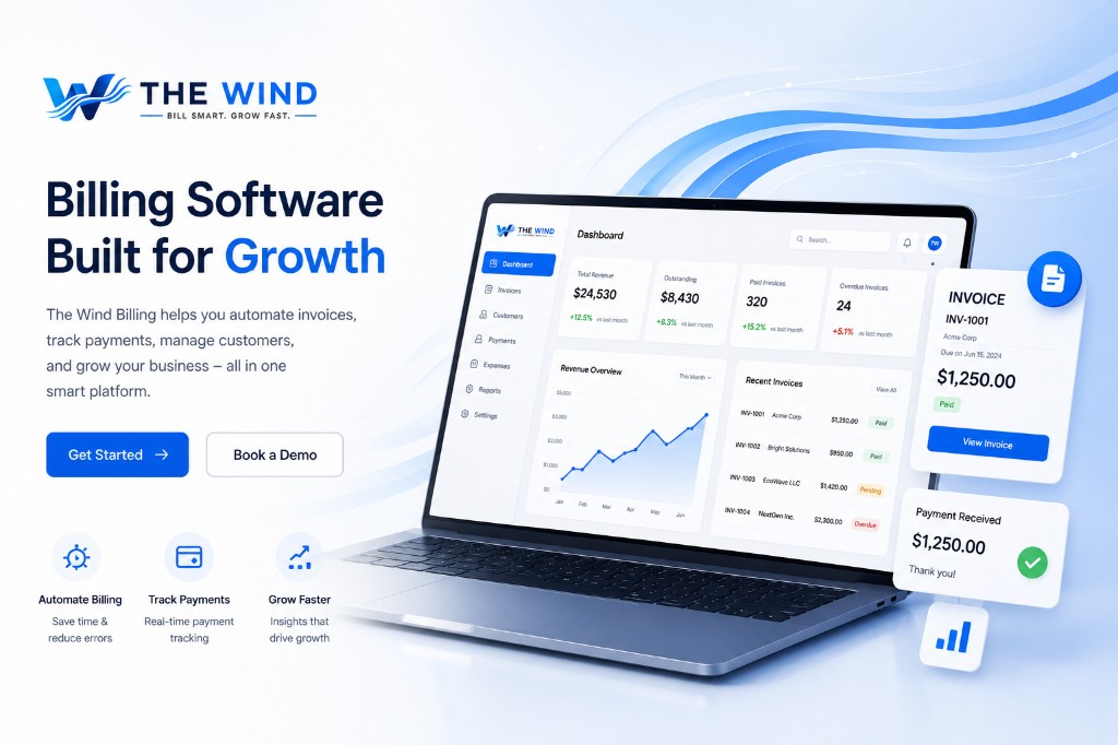 THE WIND dashboard showing revenue overview, recent invoices, and business insights on a laptop
