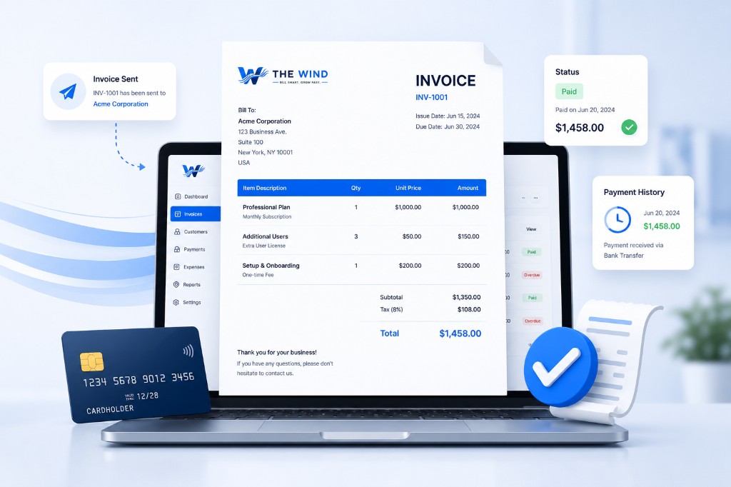 Professional invoice on laptop with payment status, invoice sent notification, and payment history