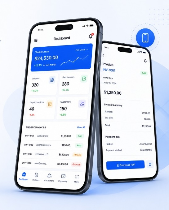 THE WIND mobile app showing dashboard, revenue stats, recent invoices, and invoice PDF download